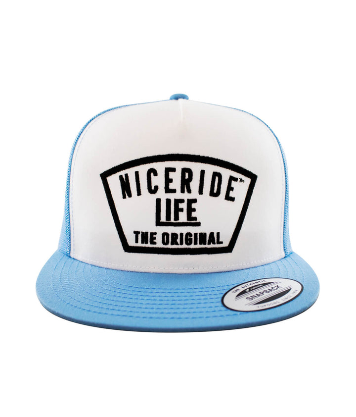 Grinder Trucker Hat by NICERIDE, classic snapback hat with blue bill and embroidered logo.