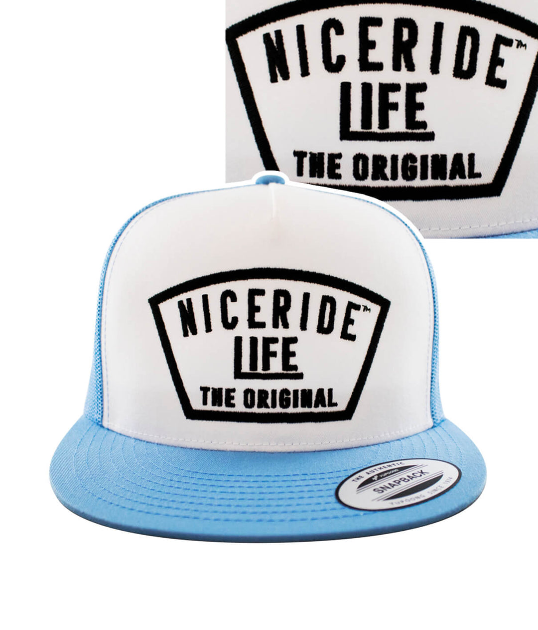 NICERIDE Life trucker hat with blue brim and embroidered logo, perfect for stylish casual wear.