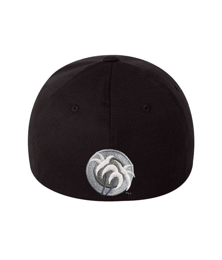 Back view of a black baseball cap featuring embroidered palm logo and design.