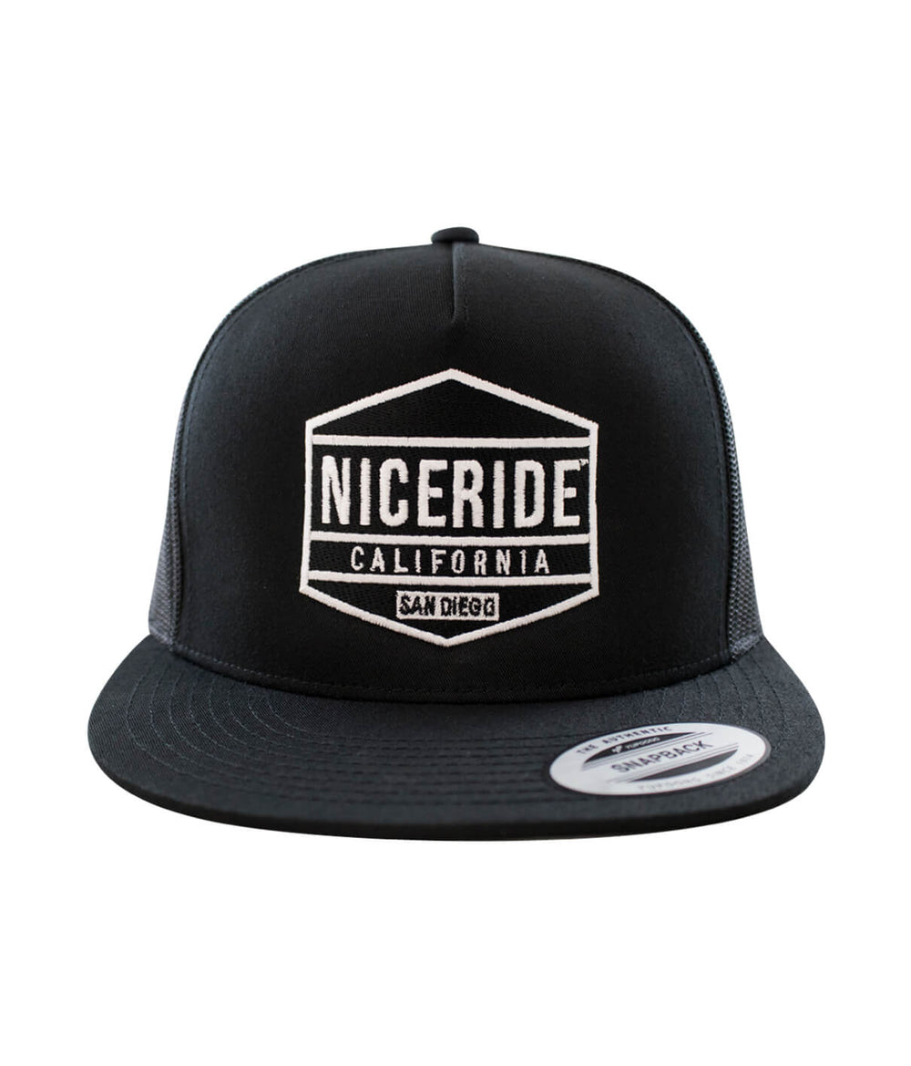 Black trucker hat with NICERIDE California design embroidered on front panel, perfect for casual wear.