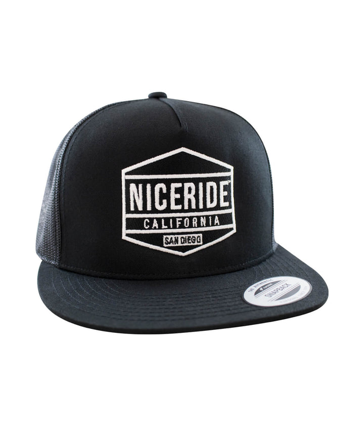 Good Times Black Trucker Hat with NICERIDE California design, perfect baseball cap for any casual outfit.