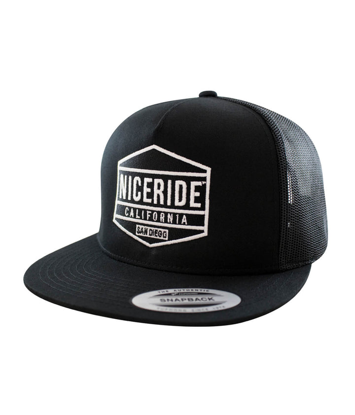 Good Times black trucker hat by NICERIDE with embroidered logo, perfect stylish hat for casual wear.