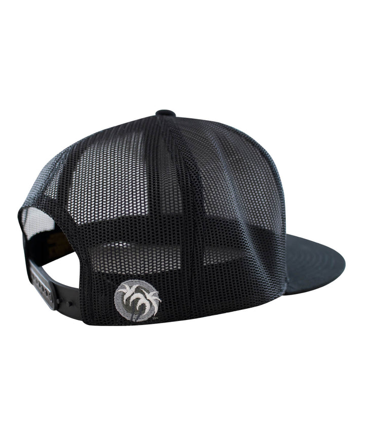 Back view of the Good Times black trucker hat featuring a black mesh design and NICERIDE palm logo.