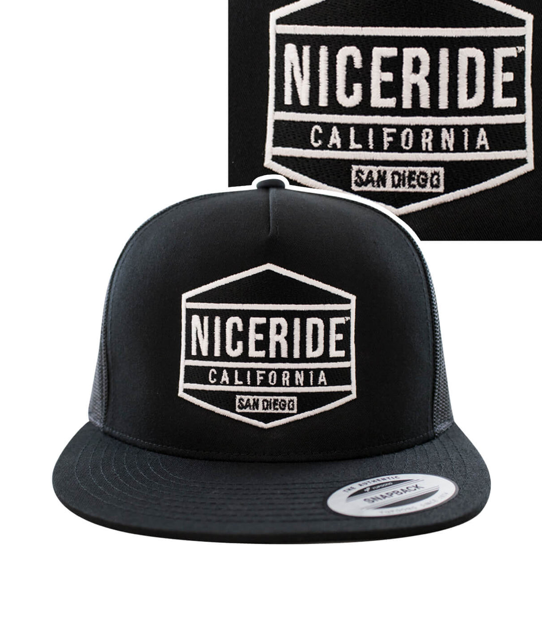Good Times black trucker hat with NICERIDE California logo embroidered on the front panel.