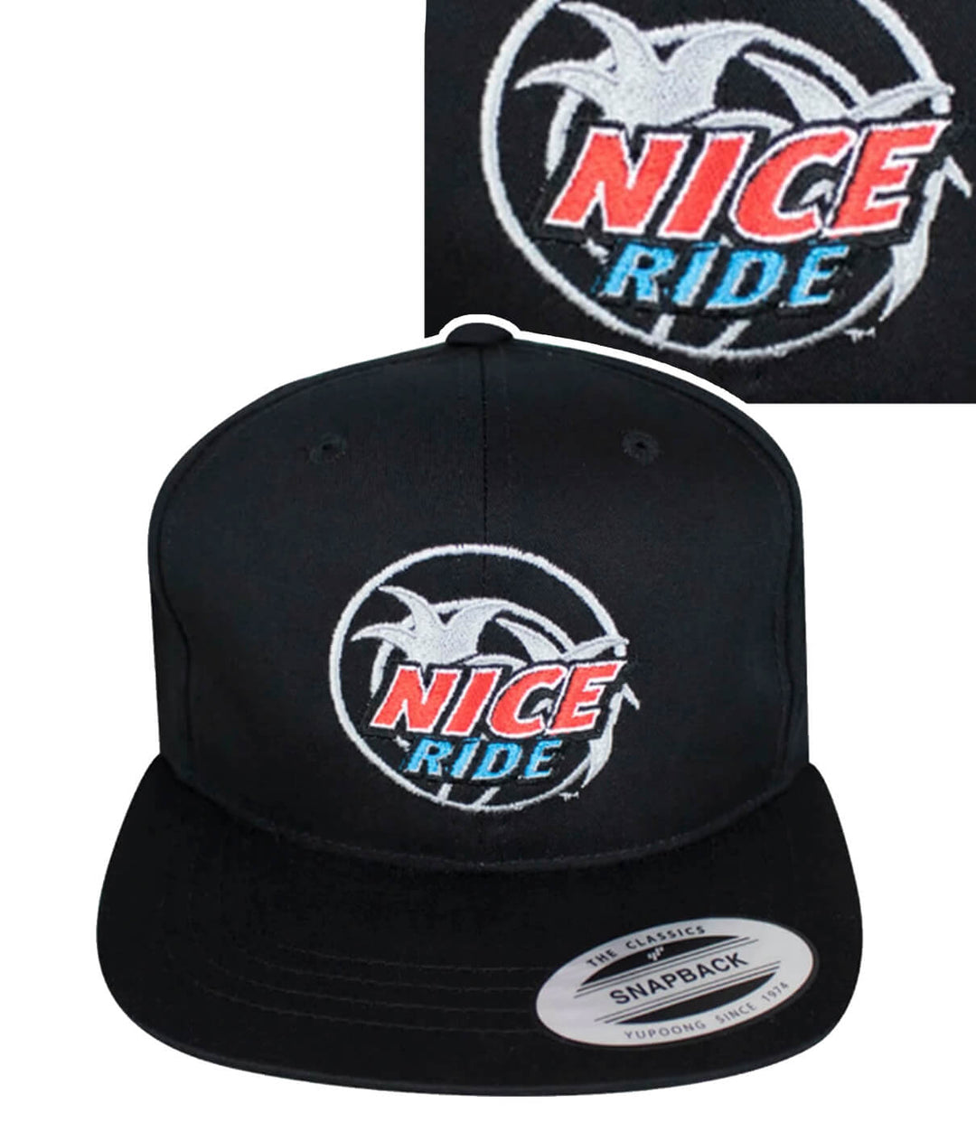 Front view of NICERIDE classic snapback youth hat showing logo design, perfect for stylish wearers.