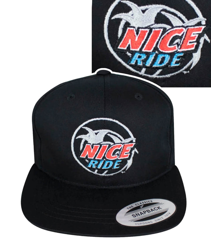 Front view of NICERIDE classic snapback youth hat showing logo design, perfect for stylish wearers.