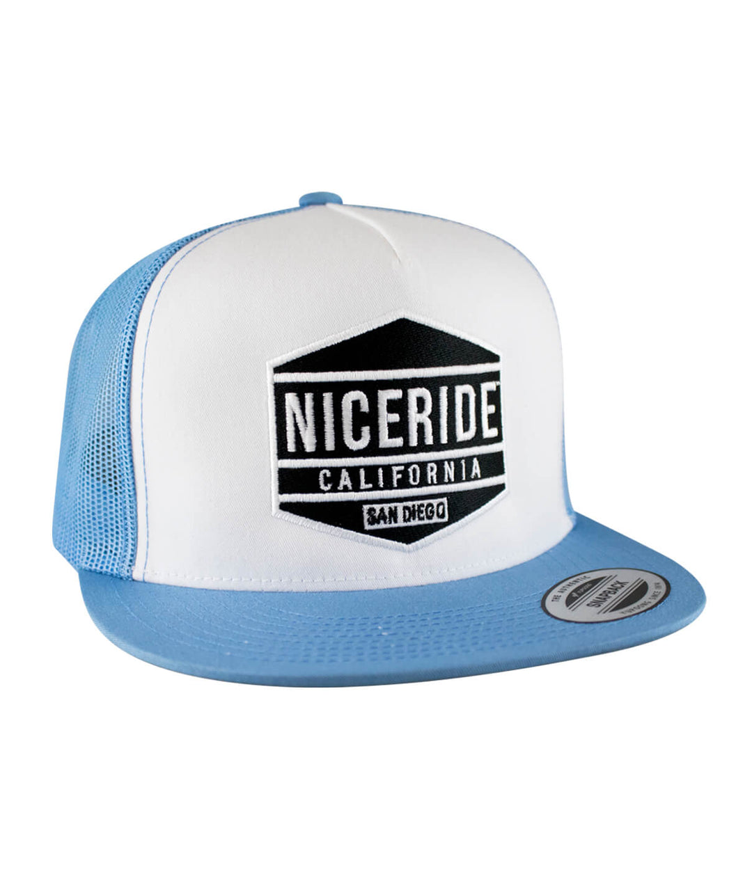 Good Times Trucker Hat featuring NICERIDE California logo, classic snapback design, and blue mesh details.