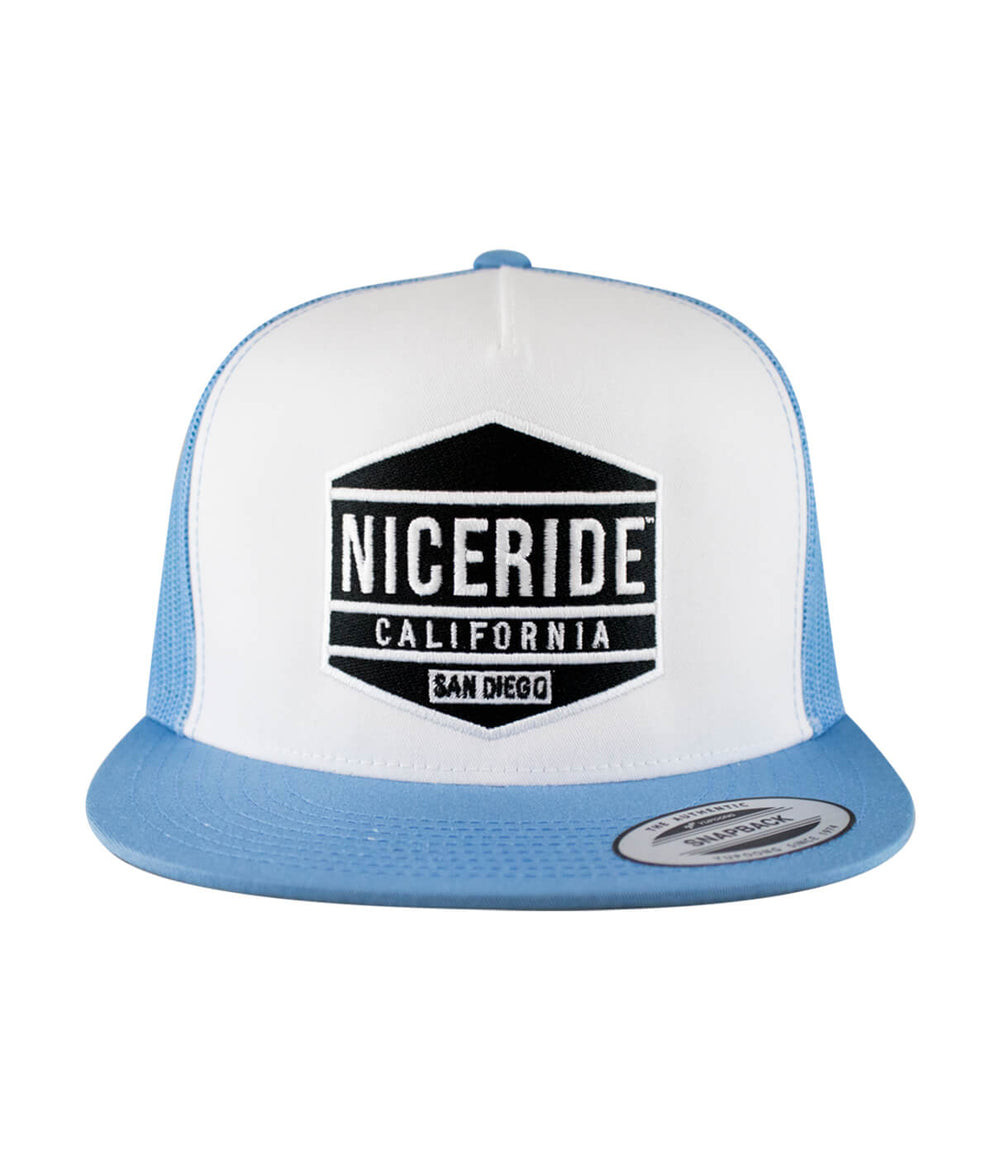 Good Times Trucker Hat with NICERIDE logo, classic snapback style and blue brim for stylish headwear.