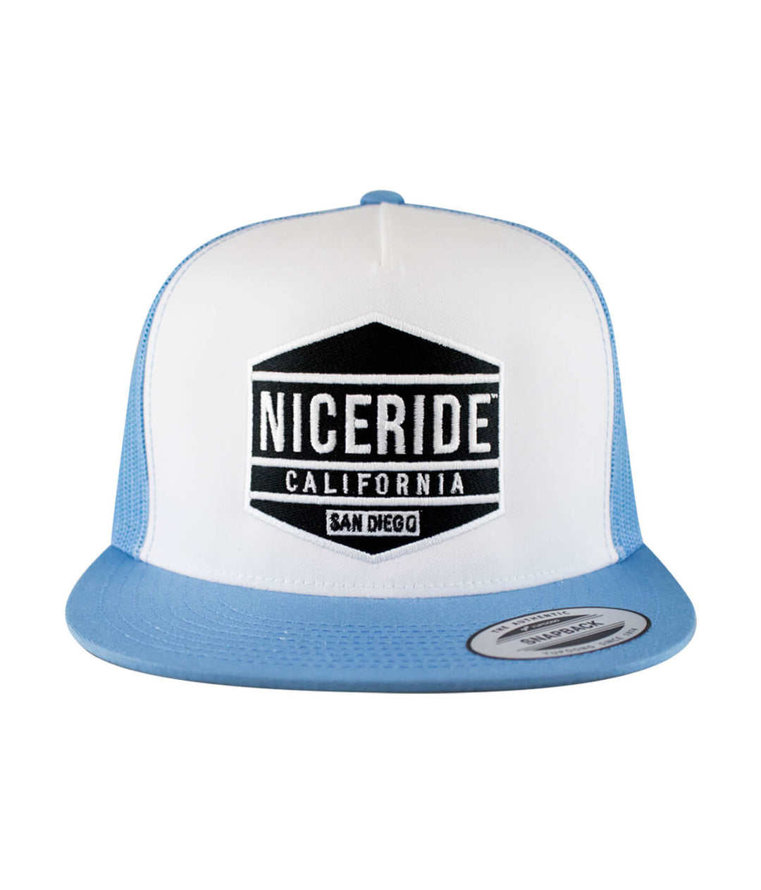 Good Times Trucker Hat with NICERIDE logo, classic snapback style and blue brim for stylish headwear.
