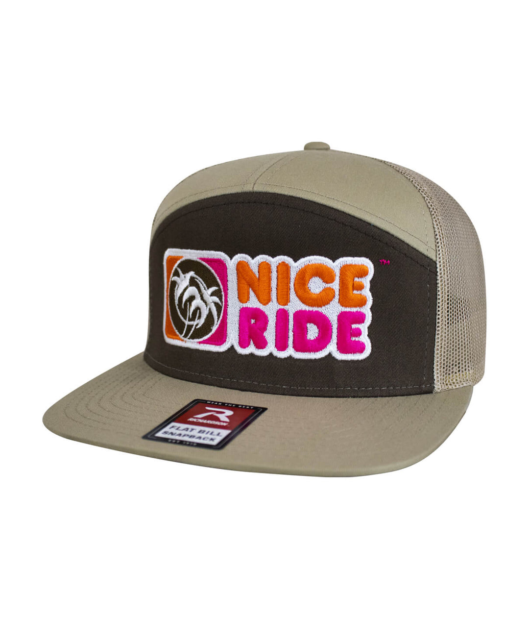 Glazzed 7 Panel Trucker Snapback Hat in brown and beige with Nice Ride design and palm logo. Perfect for casual wear.