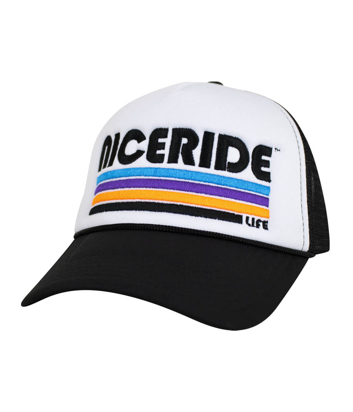 Trigger foam trucker hat featuring NICERIDE logo in vibrant colors on front and black mesh back.