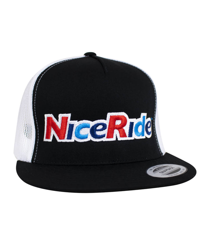 Unisex adjustable trucker cap featuring NiceRide logo, perfect for casual wear and outdoor activities. Hat design in black and white.