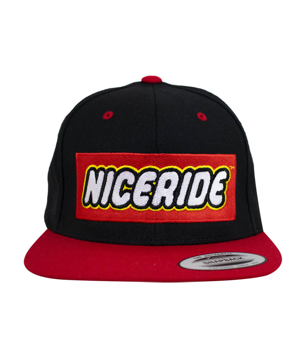 NICERIDE unisex adjustable snapback hat featuring a bold logo design in black and red.
