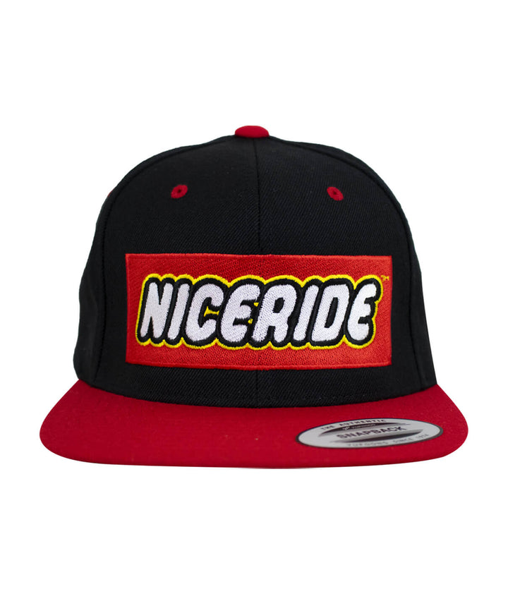 NICERIDE unisex adjustable snapback hat featuring a bold logo design in black and red.