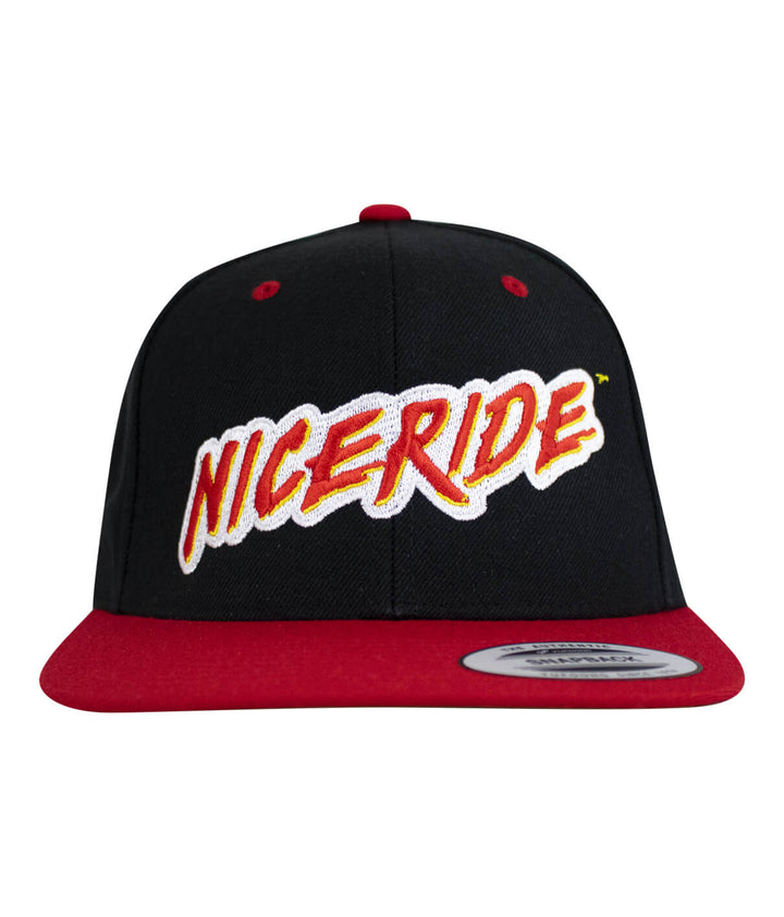 The Hoff Snapback Hat featuring NICERIDE logo in vibrant colors, a stylish baseball cap for casual wear, perfect for hat lovers.