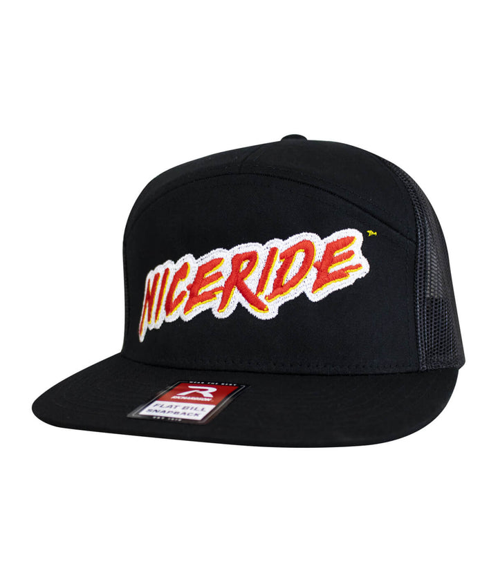 NICERIDE “The Hoff” 7-panel trucker hat featuring bold embroidery in black, stylish and comfortable for everyday wear.