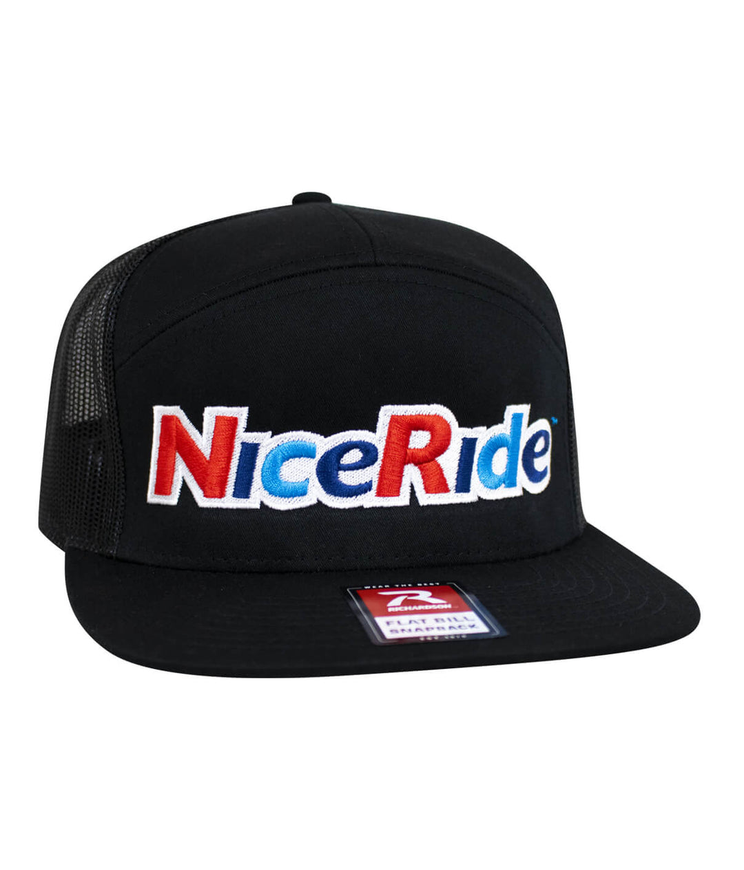 Black 7-panel trucker hat with NiceRide embroidered logo on the front, perfect for casual wear, showcasing the cool hat style.