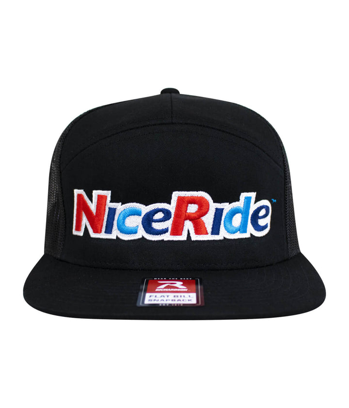 Black trucker hat with embroidered NiceRide logo in red, blue, and white, showcasing stylish design.