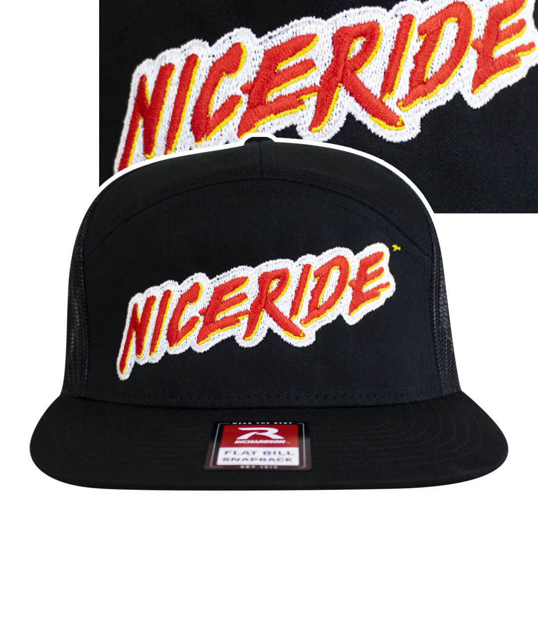 NICERIDE black trucker hat featuring bold red and yellow embroidery on the front panel.