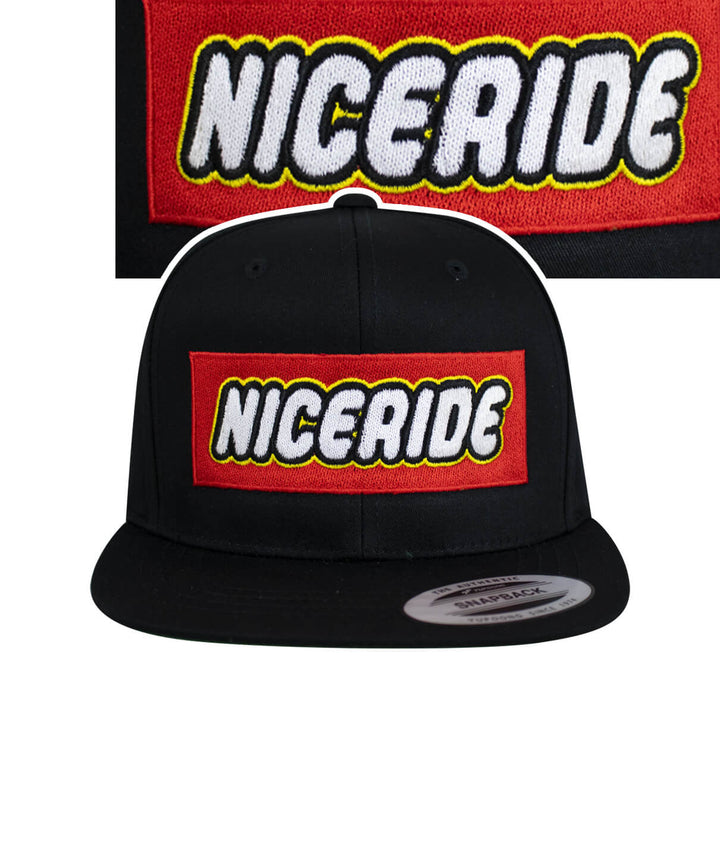 NICERIDE embroidered design on classic black youth snapback hat for stylish kids.