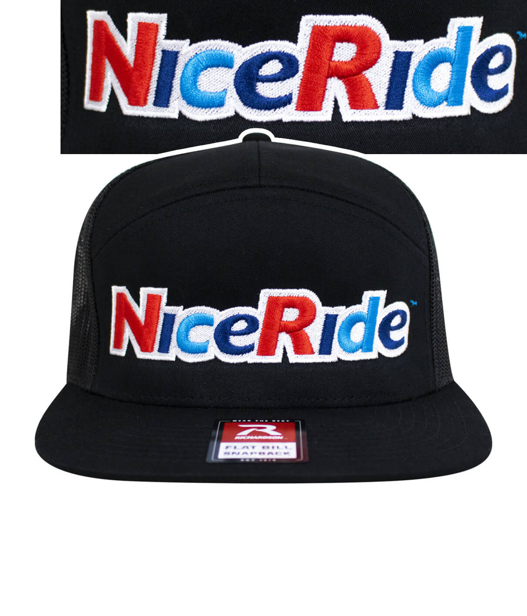 Black trucker hat featuring embroidered NiceRide logo in red and blue, showcasing a stylish flat brim design.