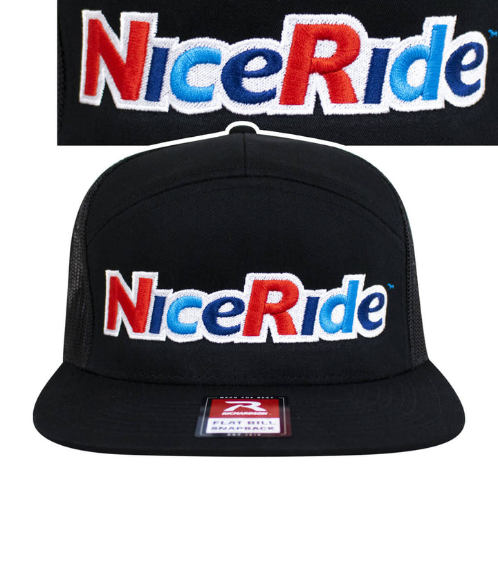 Black trucker hat featuring embroidered NiceRide logo in red and blue, showcasing a stylish flat brim design.
