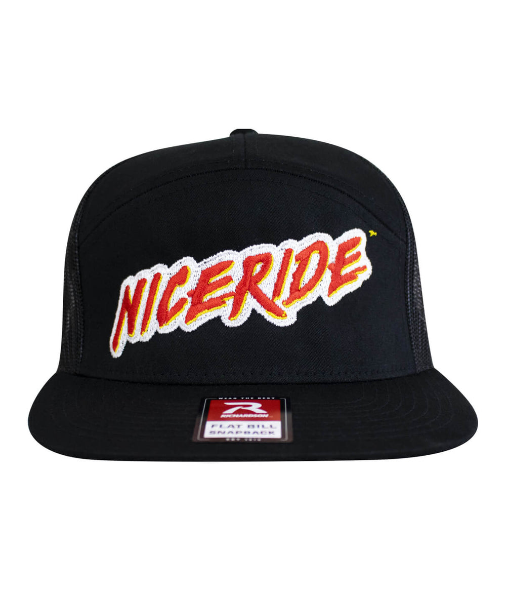 NICERIDE black trucker hat featuring bold embroidered logo on front with flat bill design.