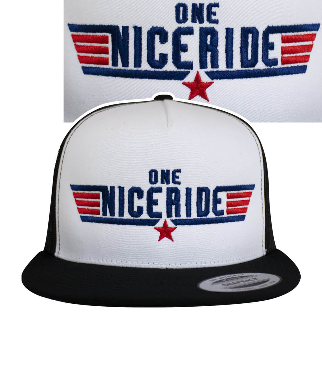 NICERIDE 'Shot Down' trucker cap with bold embroidered design in red and blue on a white background.