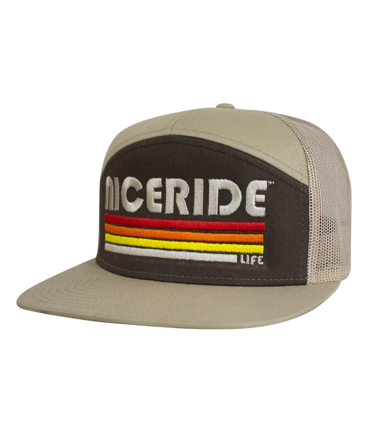 NICERIDE 7-Panel Trucker Hat in Evening Glow with embroidered design and mesh back, perfect trucker hat style.