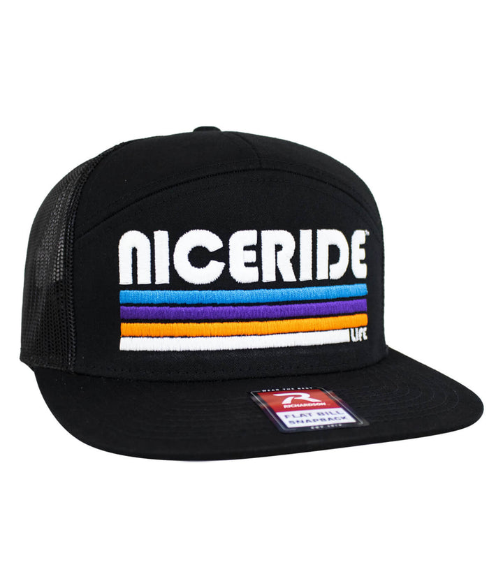 Black NICERIDE trucker hat with embroidered logo and colorful stripes, perfect for casual wear.
