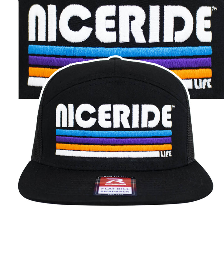NICERIDE 7-Panel Trucker Hat in Evening Glow with embroidered design and logo, featuring the trucker hat focus keyword.
