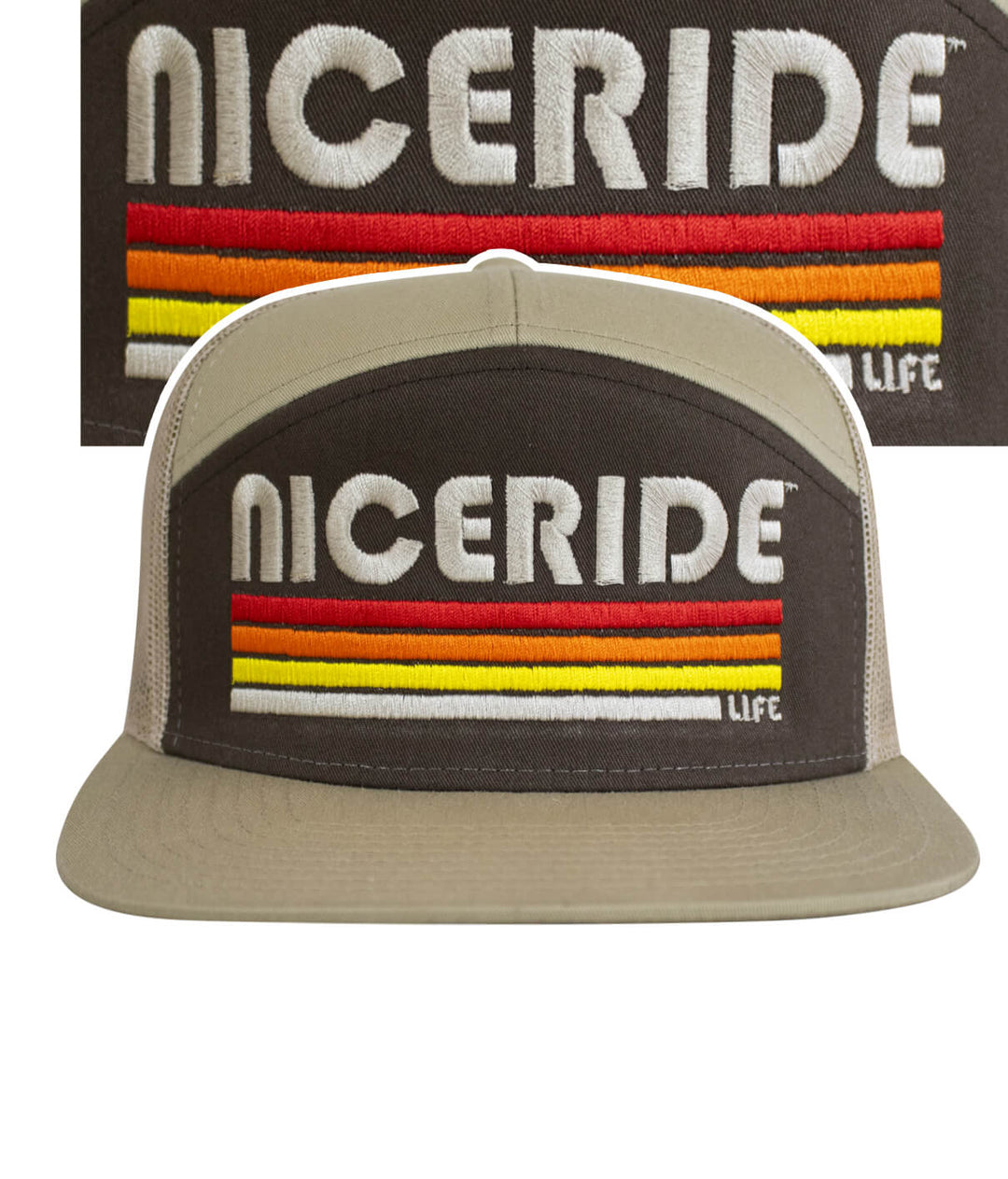 7 Panel Trucker Hat from NICERIDE featuring colorful embroidery and the focus keyword trucker hat.