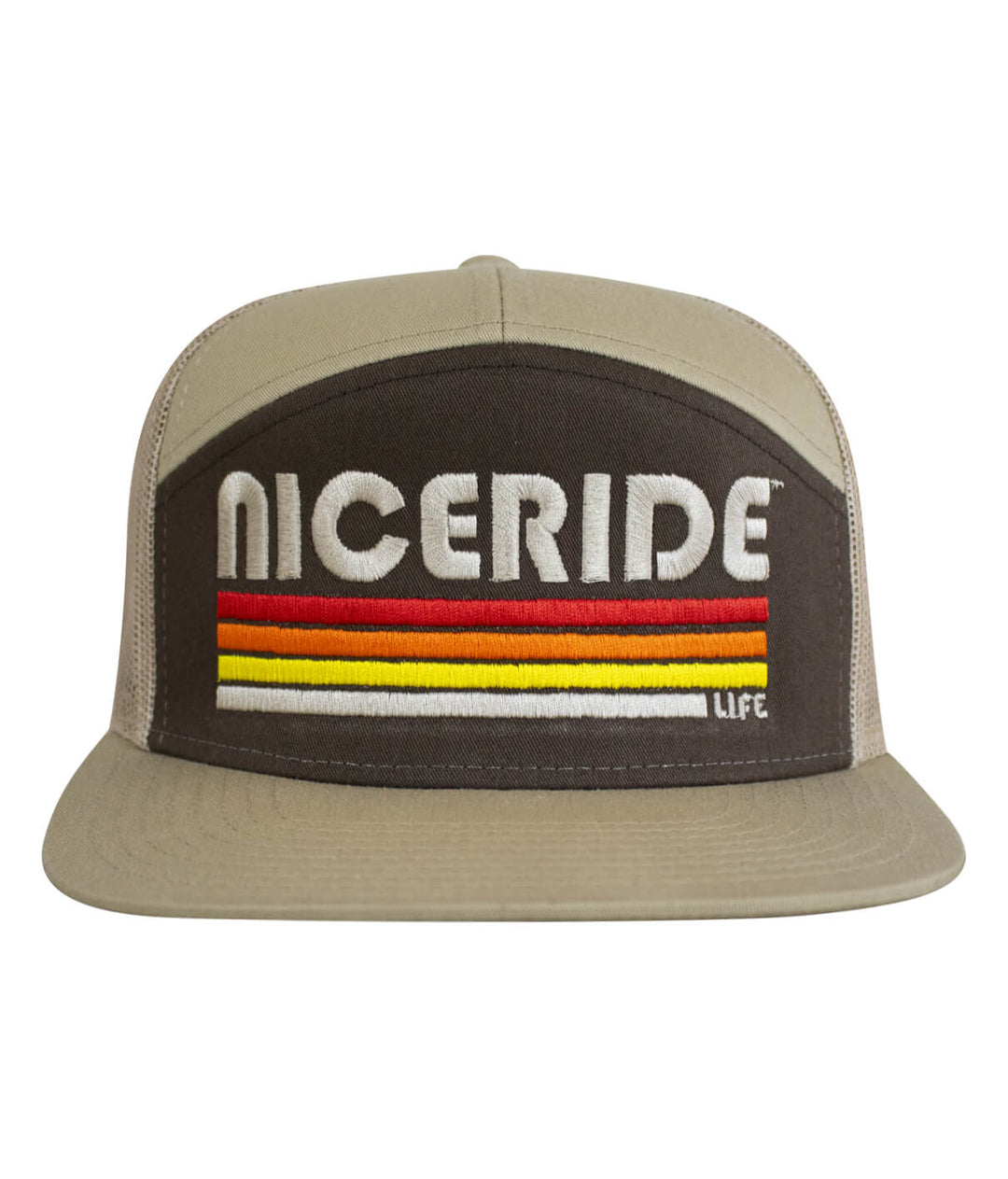 NICERIDE 7 Panel Trucker Hat in Evening Glow with embroidered logo, designed in the USA, perfect trucker hat for casual wear.