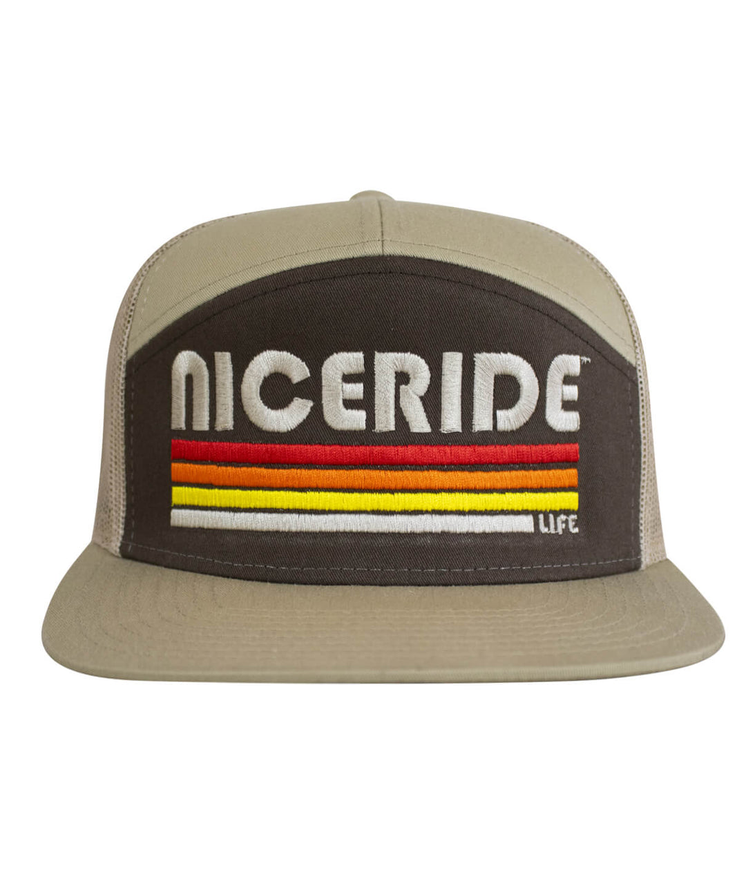 NICERIDE 7-panel trucker hat in evening glow with embroidered logo, perfect for stylish outdoor wear.