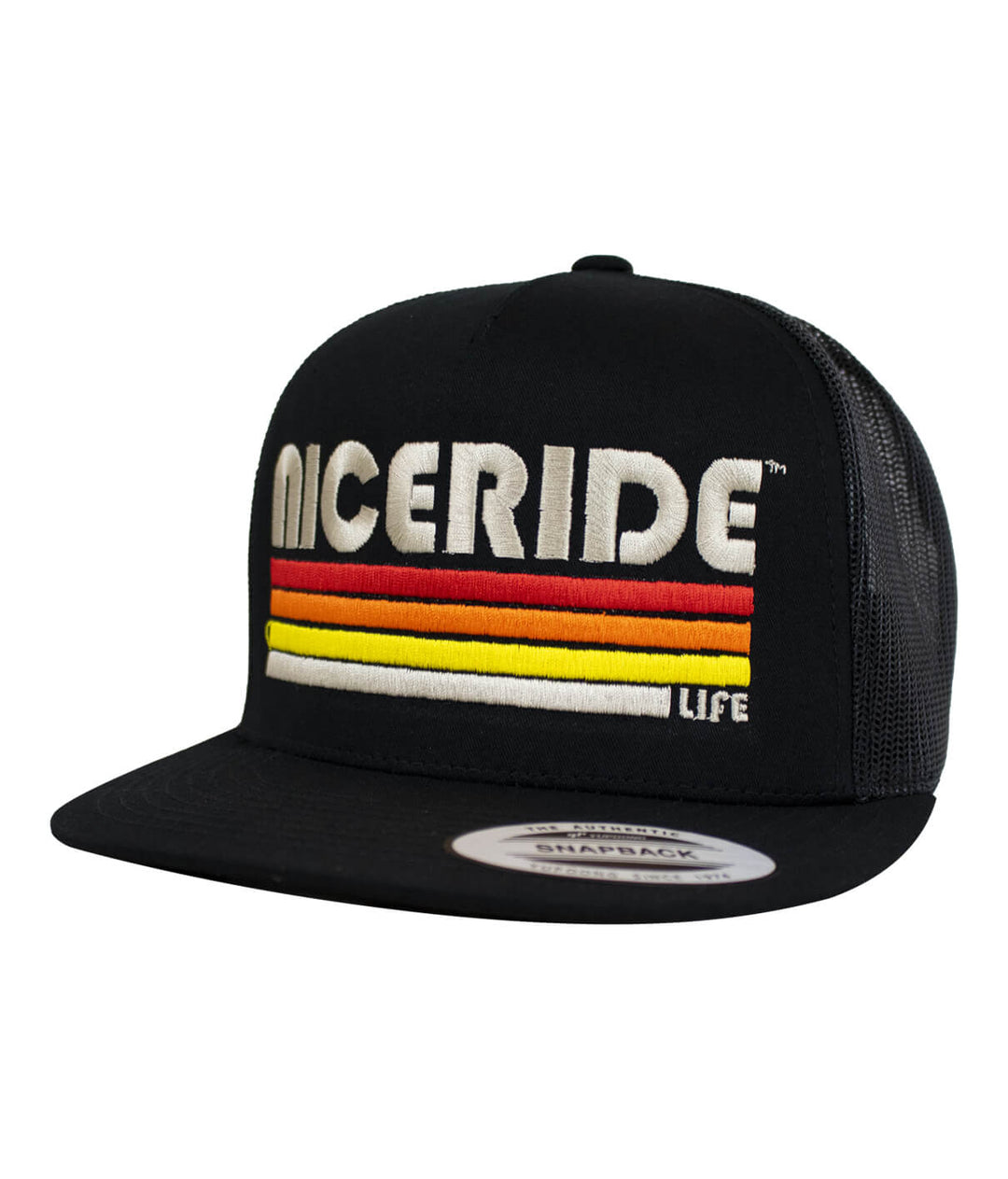 NICERIDE adjustable unisex trucker hat with embroidered design in black, red, yellow stripes.