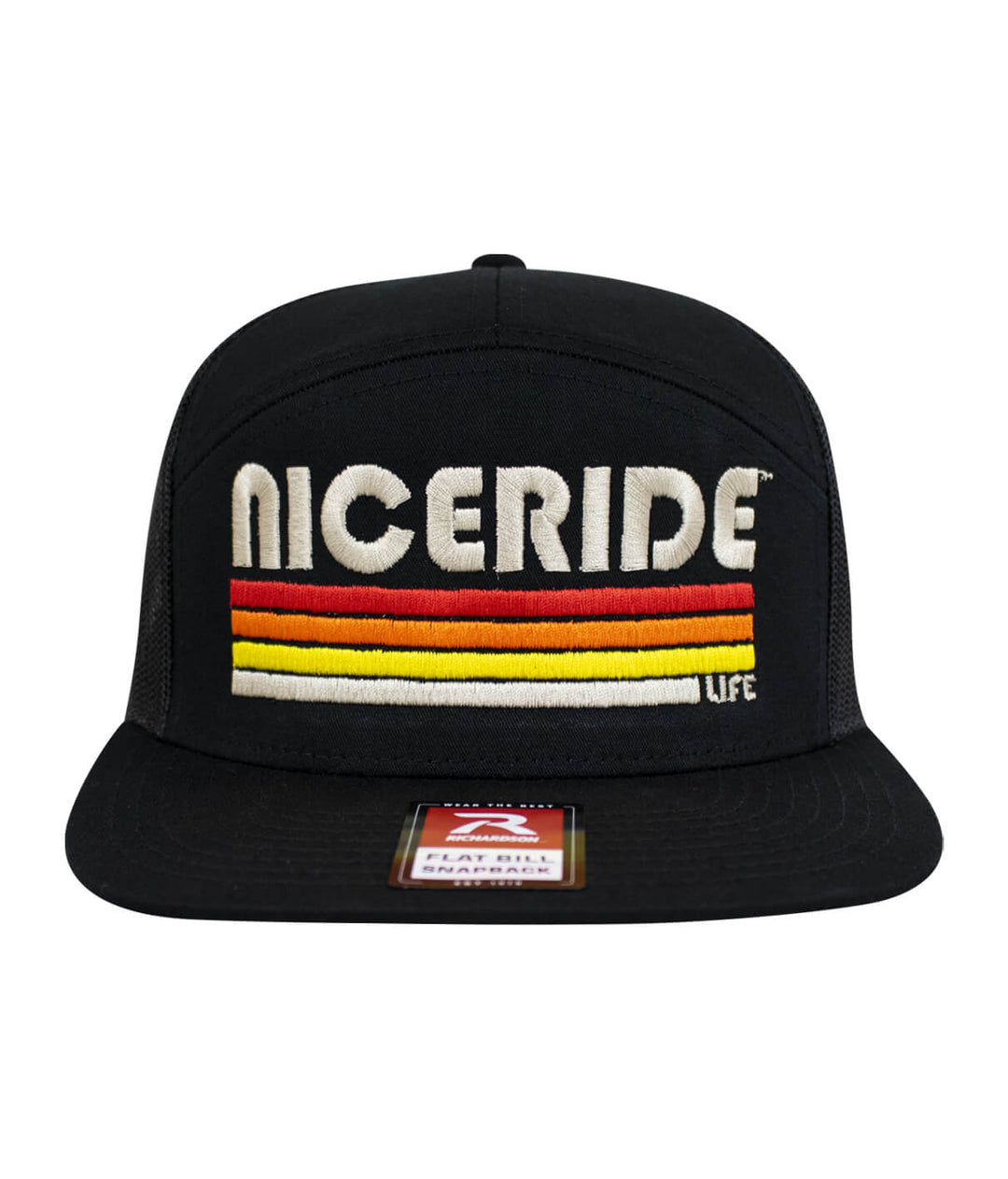 NICERIDE Trigger 7-panel trucker hat in black with colorful retro embroidery, perfect for stylish outdoor wear.