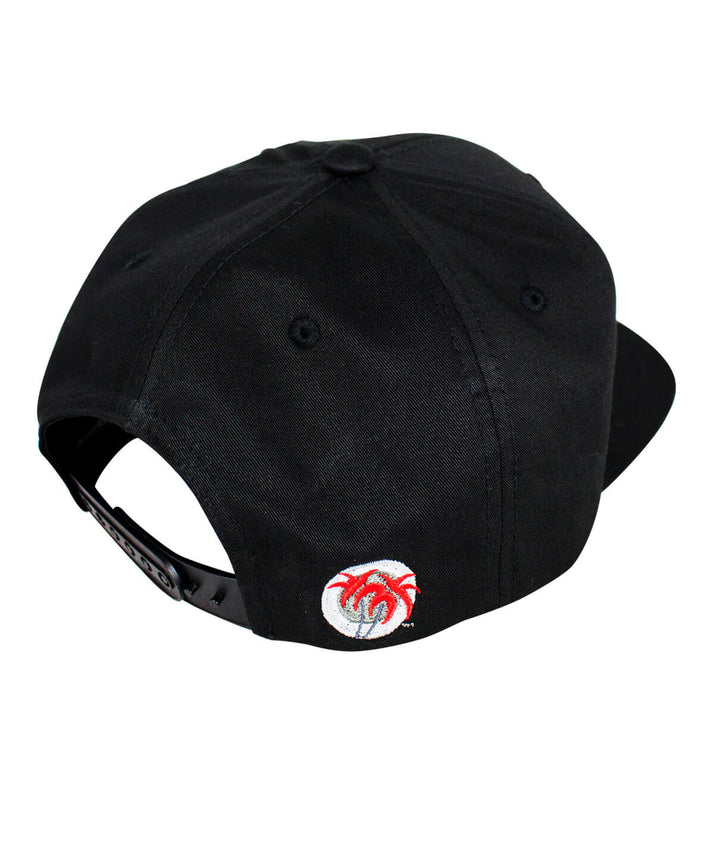 Back view of the Bold Tower youth hat showcasing the Blacked Out Classic Palm Logo on a black snapback hat.