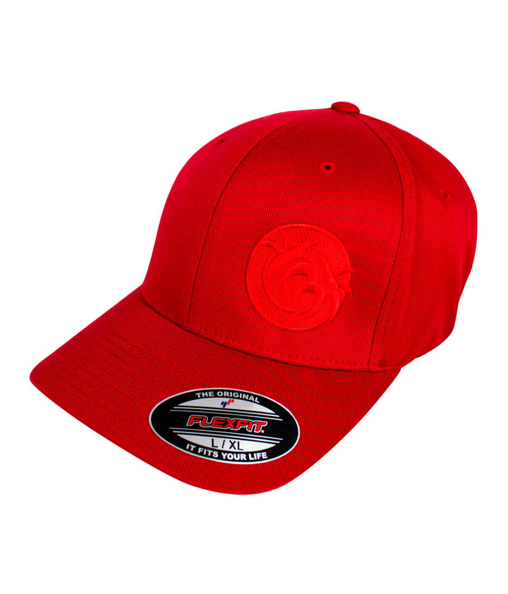 Tone Classic Flexfit Hat in red with embroidered palm logo and Flexfit tag.