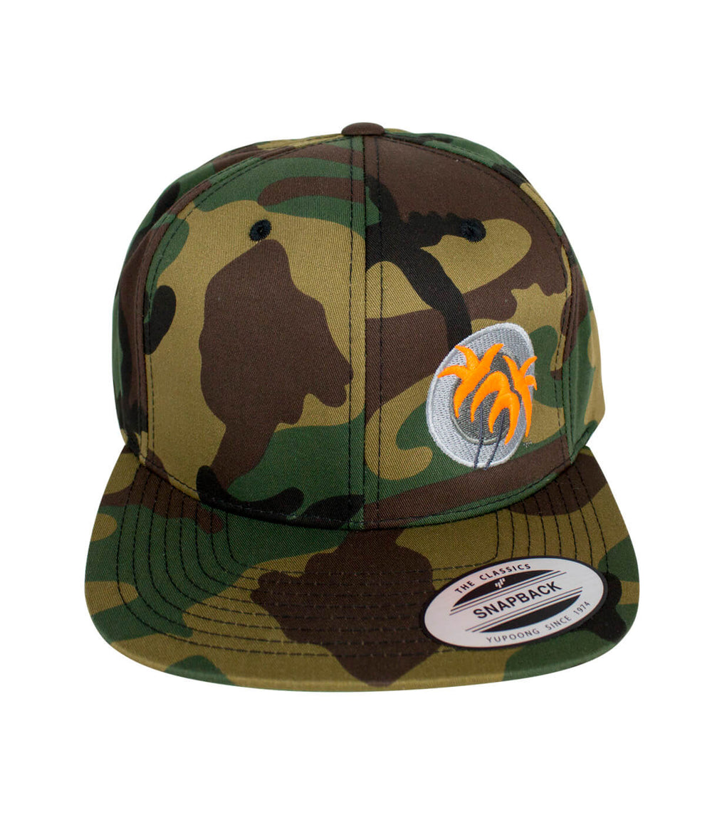 Opening Day camouflage snapback hat with NICERIDE's logo embroidered on the front left panel.