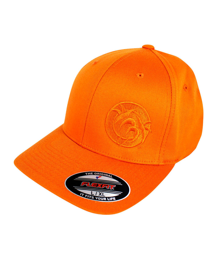 Tone Classic Flexfit Hat in vibrant orange with logo, designed and embroidered in the USA. Perfect summer hat.