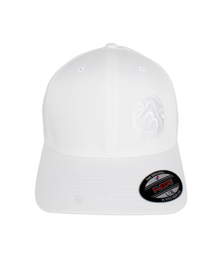 White classic Flexfit hat with embossed palm logo on the front and original Flexfit sticker.