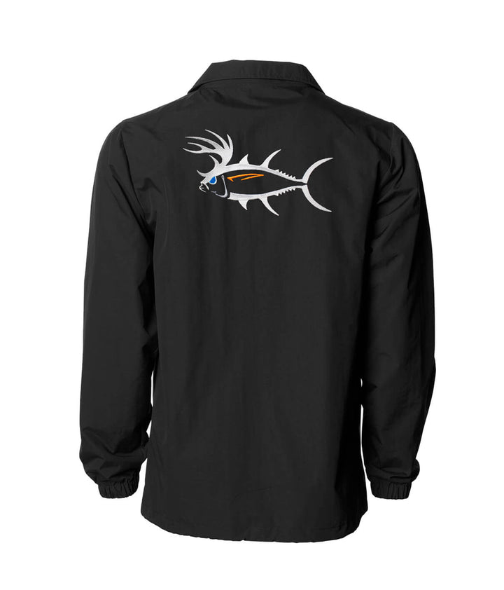 Back view of the black "Buck-Eye" jacket featuring a fish graphic design.