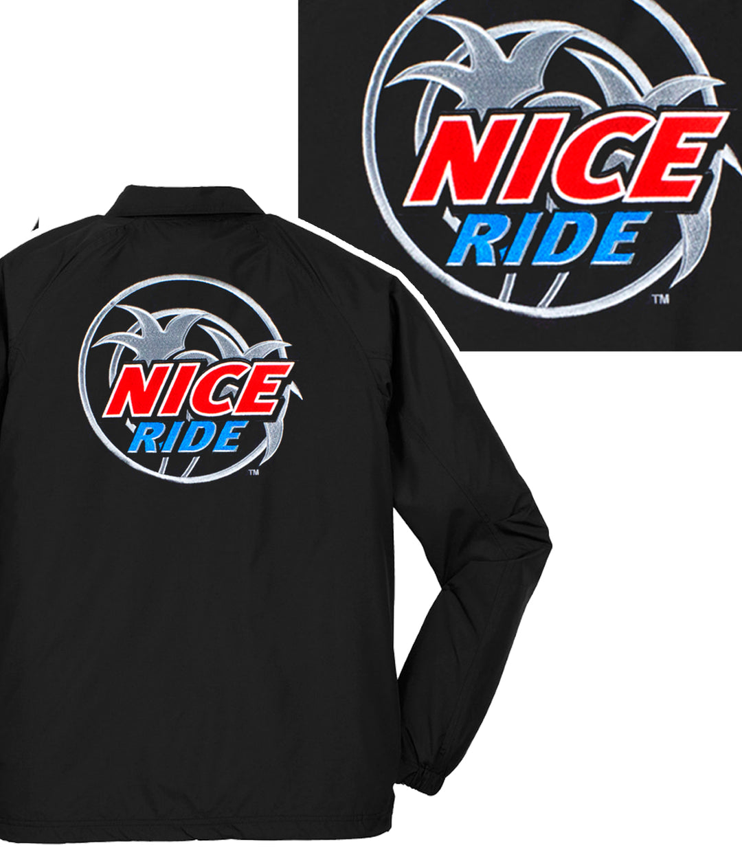 Black windbreaker jacket featuring NICERIDE'S "Choo Choo" logo on the chest and large logo on the back. Perfect jacket for comfort.