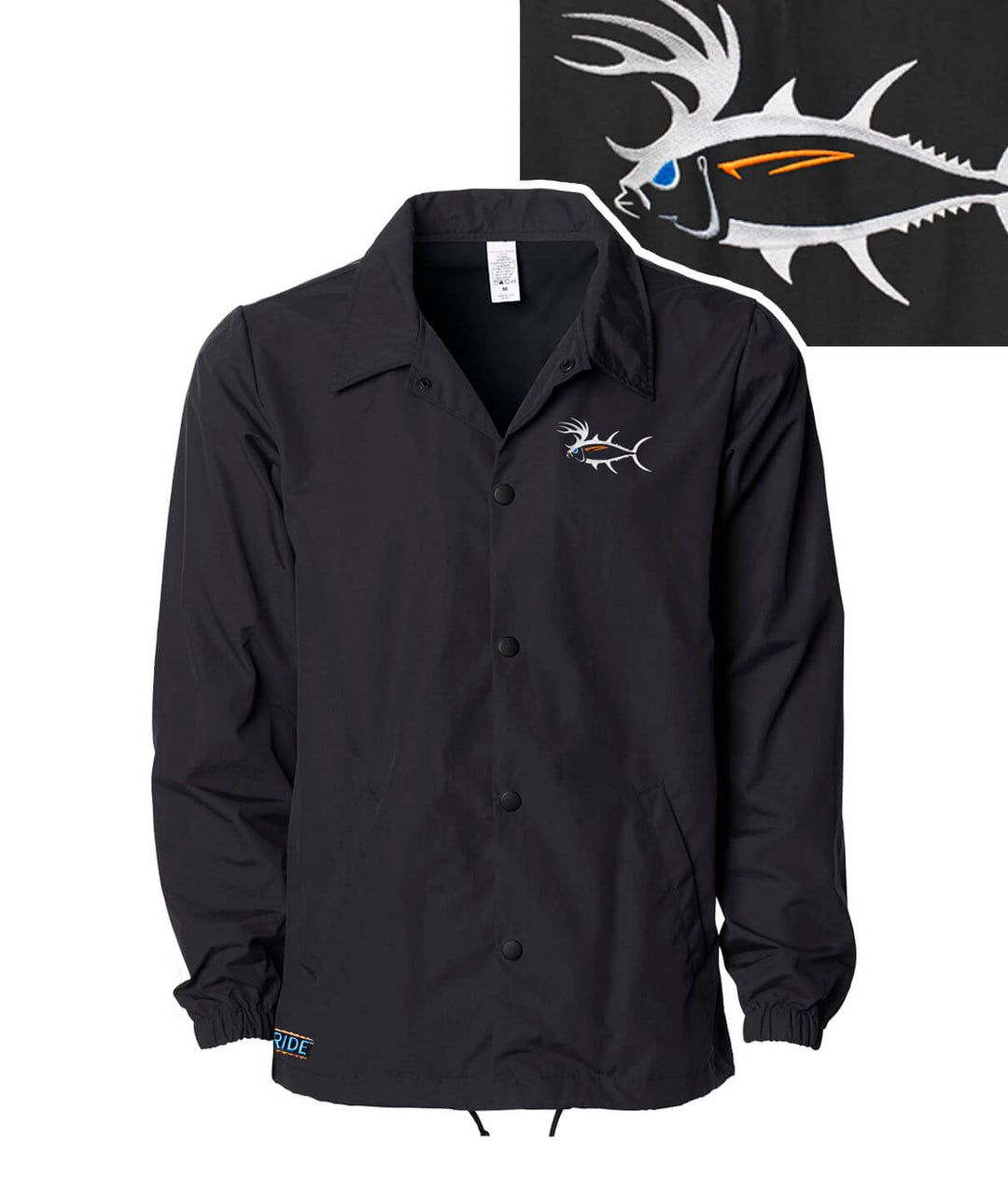 A black windbreaker jacket with a fish logo on it