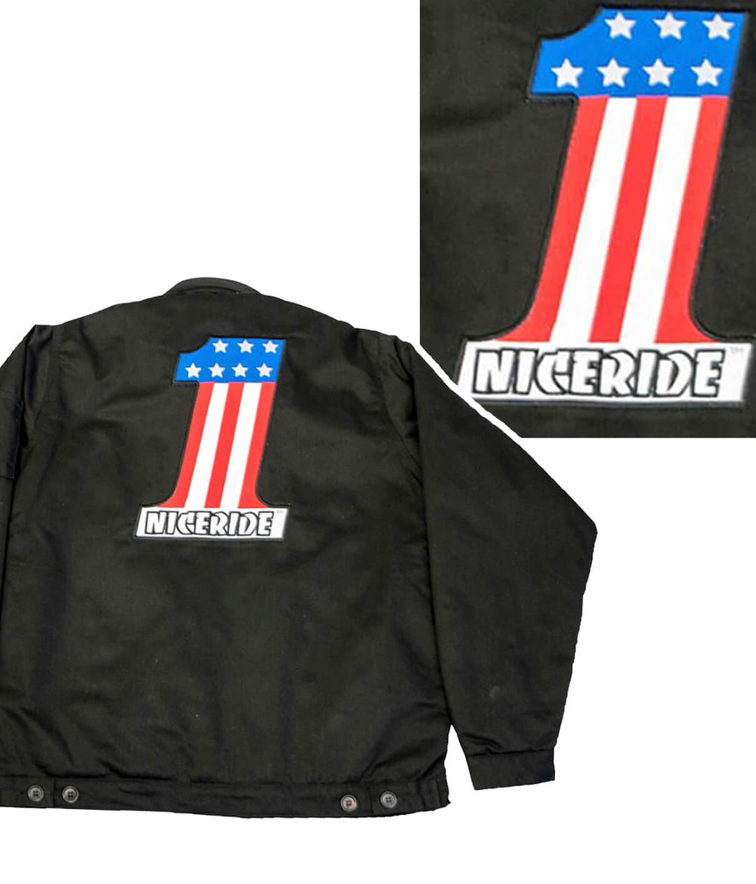 One Nice jacket featuring NICERIDE logo and patriotic design on the back and front.