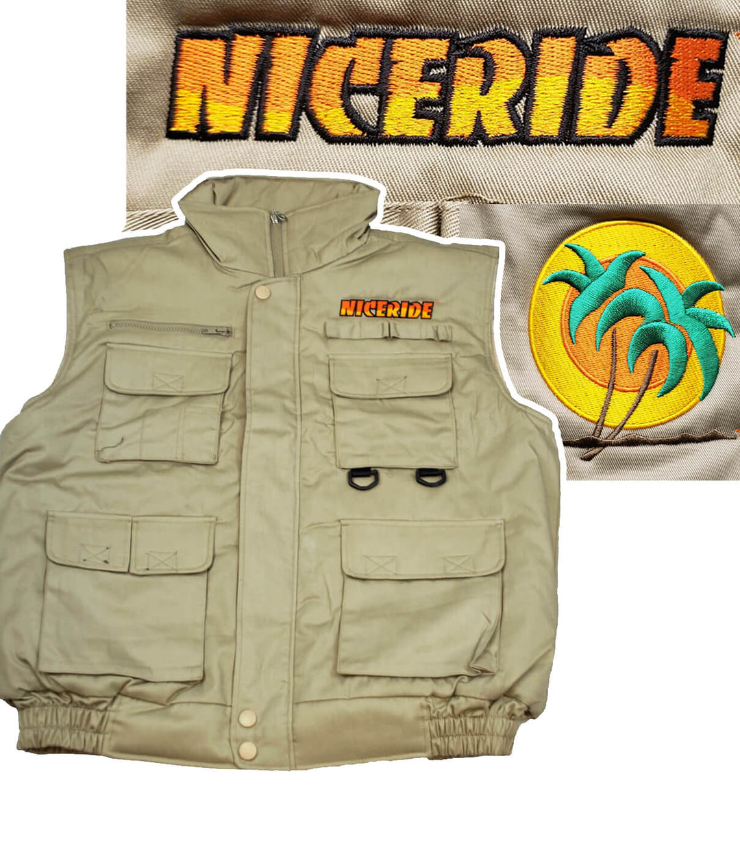 The Chet Cargo Vest featuring NICERIDE embroidery and classic palm logo, designed for comfort and style.