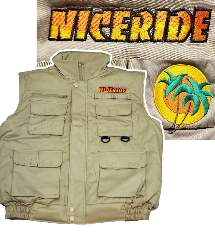 The Chet Cargo Vest featuring NICERIDE embroidery and classic palm logo, designed for comfort and style.