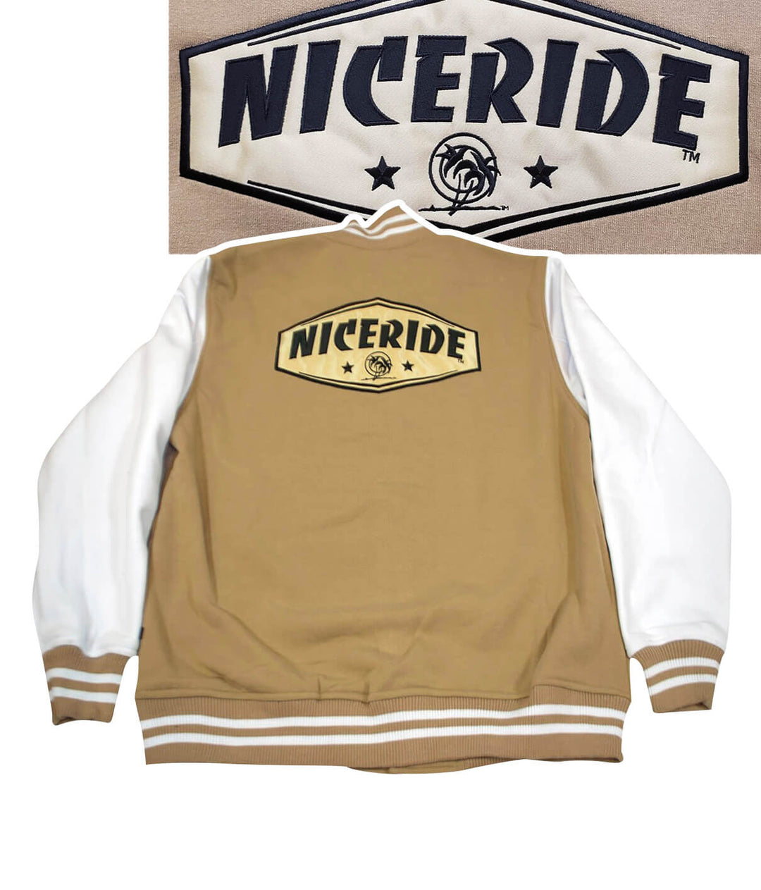 Grease Lightning jacket with NICERIDE logo and embroidered design, featuring varsity styling in beige and white.