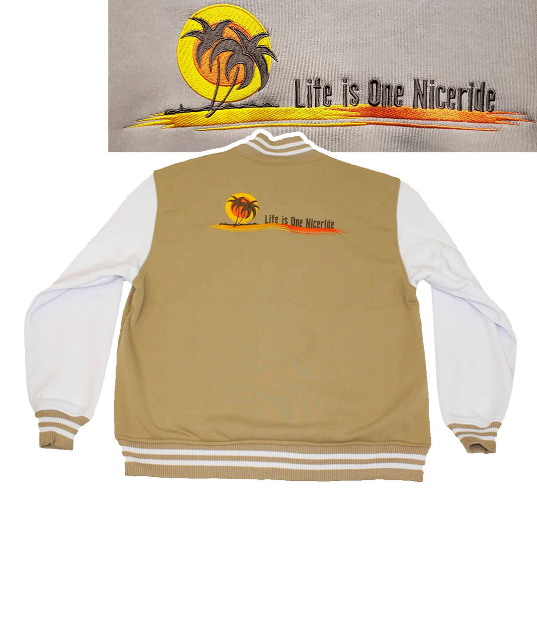 Sunset jacket featuring embroidered design of palm trees and sunrise with 'Life is One Nicerride' text.