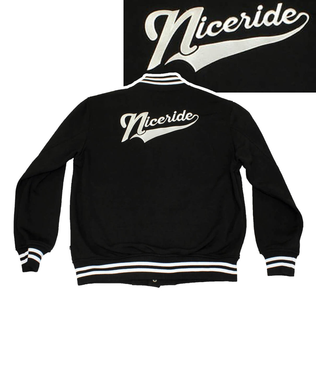 Back view of NICERIDE's "Play Ball" jacket featuring embroidered logo.